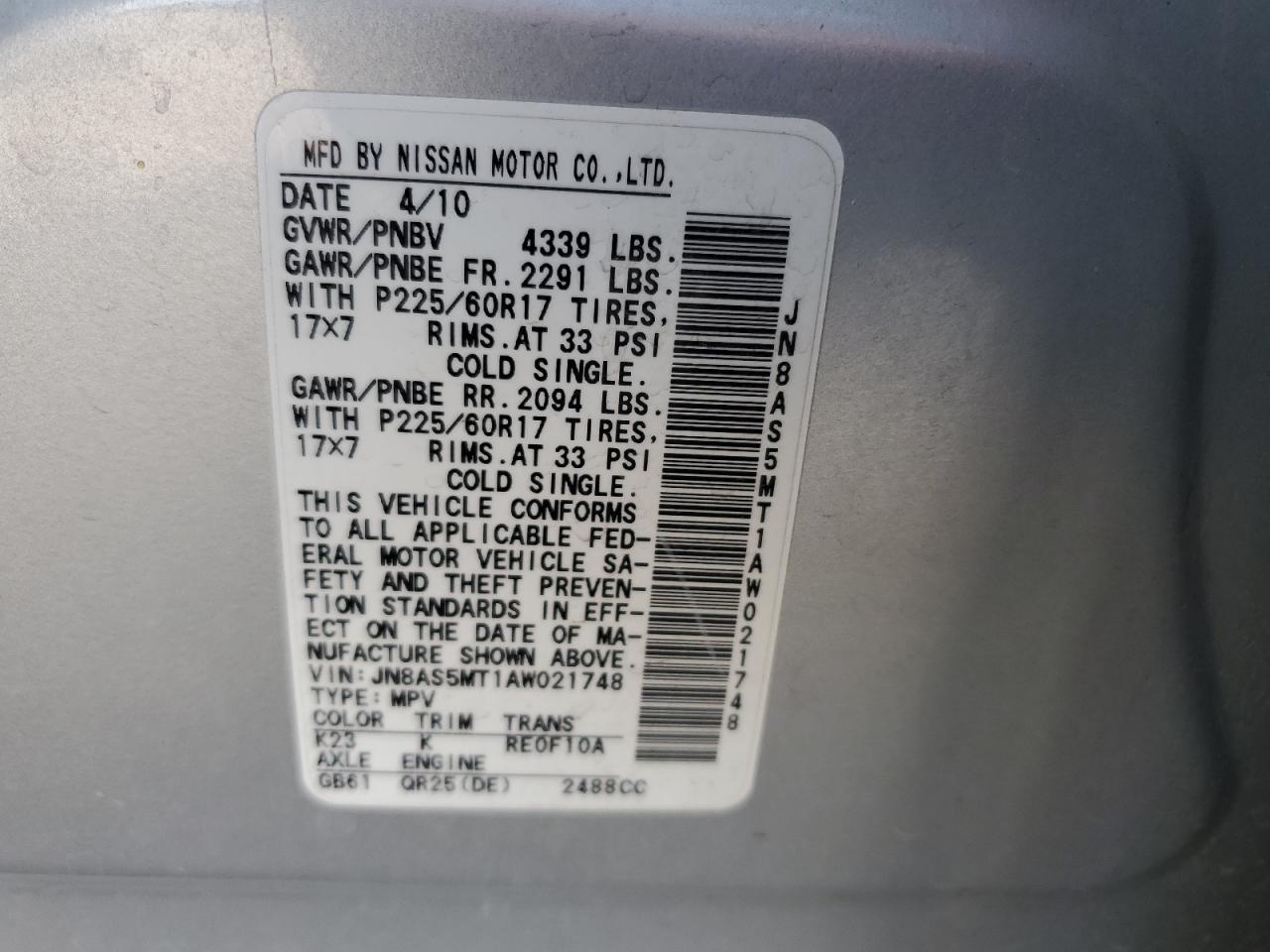 2010 Nissan Rogue S VIN: JN8AS5MT1AW021748 Lot: 63867155