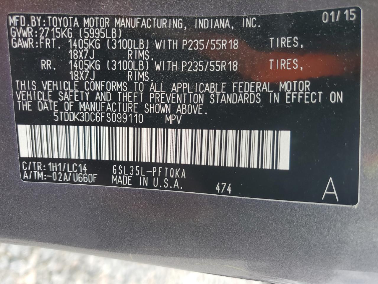 2015 Toyota Sienna Xle VIN: 5TDDK3DC6FS099110 Lot: 62455015