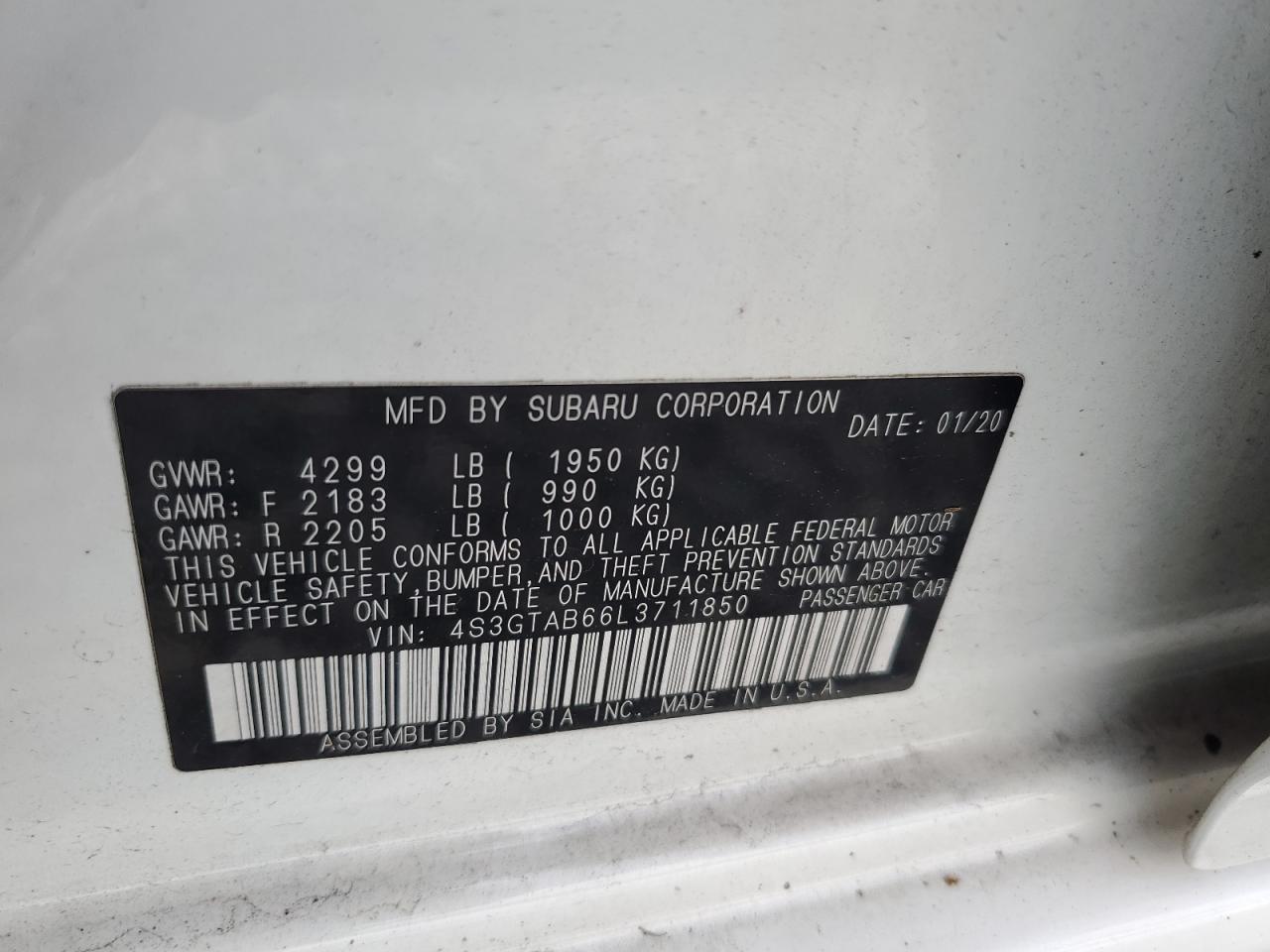 2020 Subaru Impreza VIN: 4S3GTAB66L3711850 Lot: 66092735