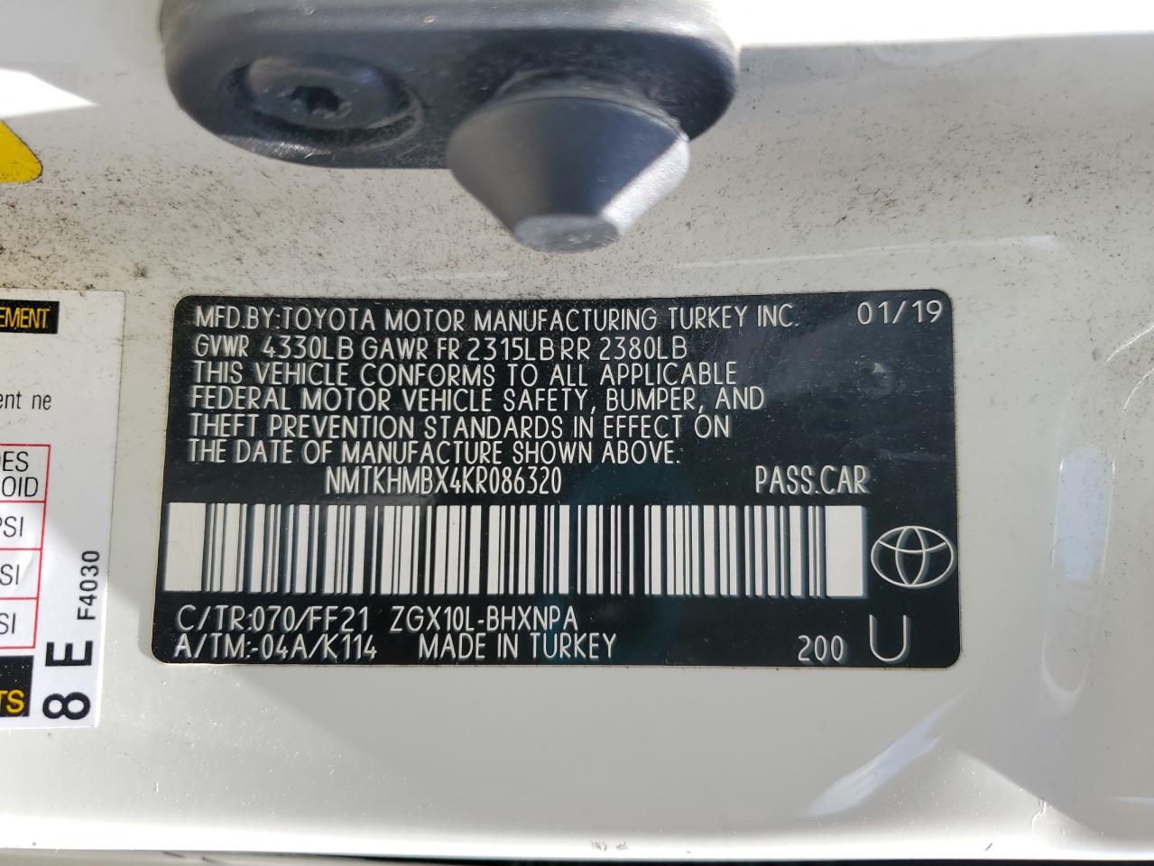 2019 Toyota C-Hr Xle VIN: NMTKHMBX4KR086320 Lot: 63190575