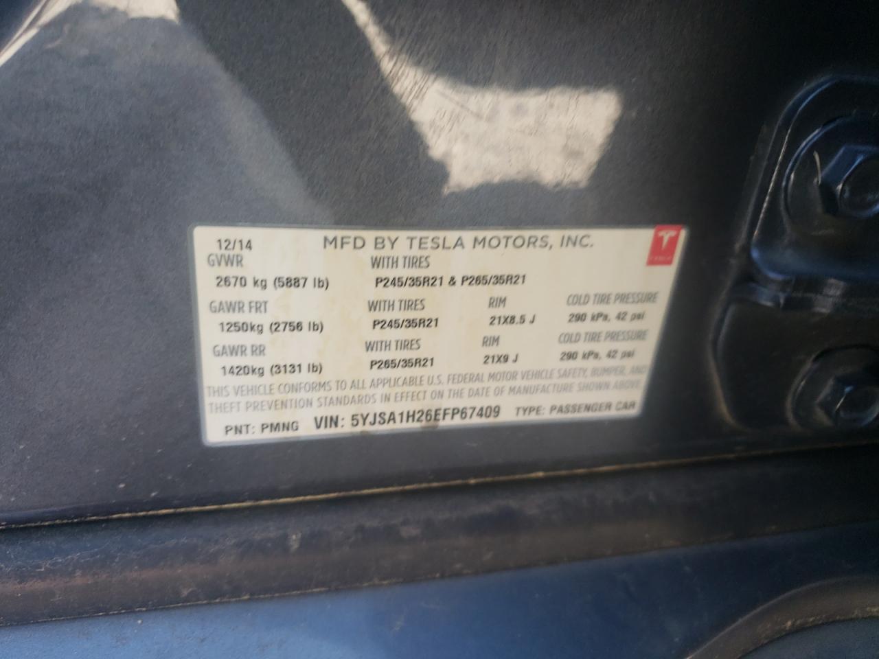 2014 Tesla Model S VIN: 5YJSA1H26EFP67409 Lot: 64400895