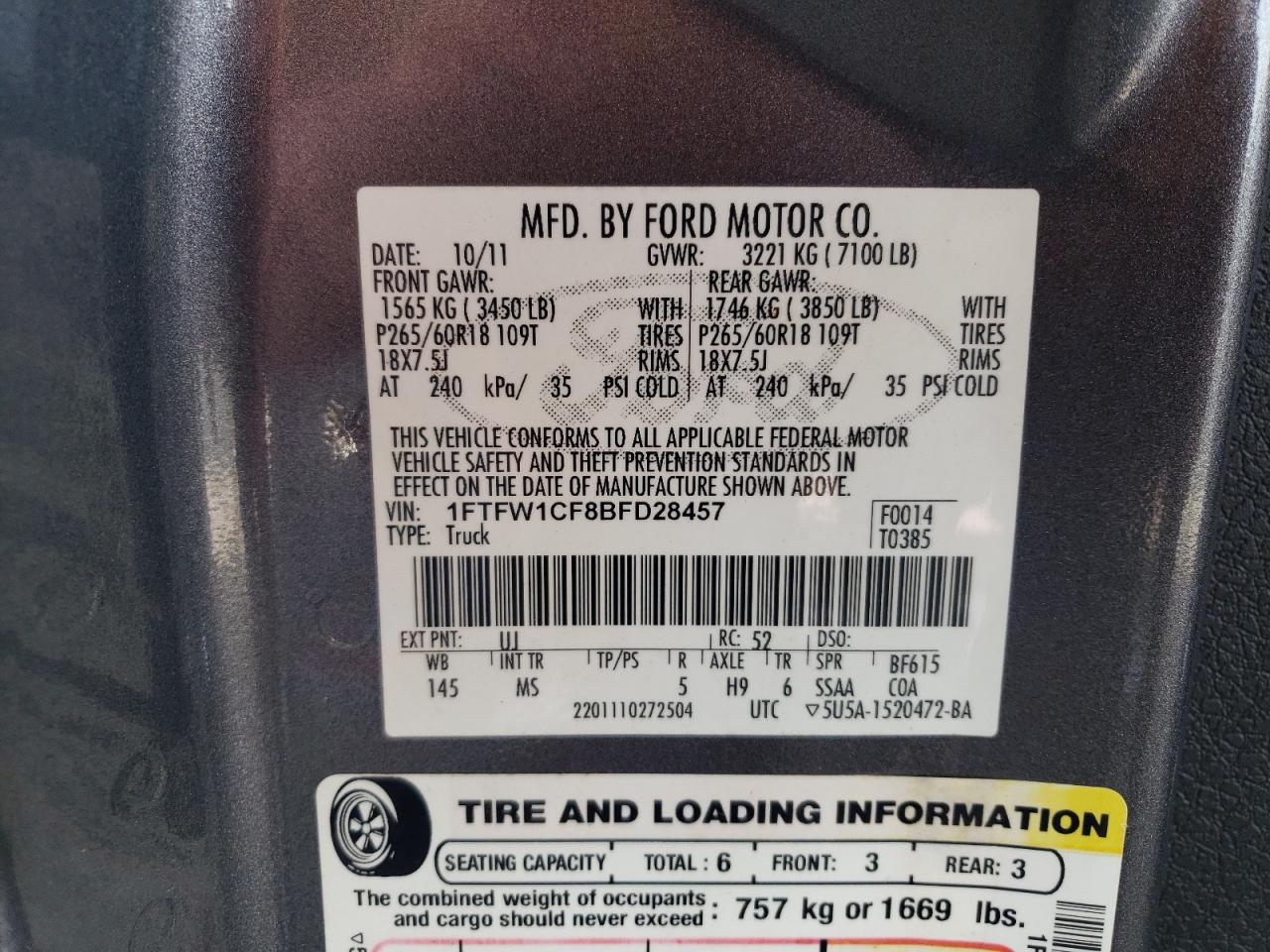 2011 Ford F150 Supercrew VIN: 1FTFW1CF8BFD28457 Lot: 63431045