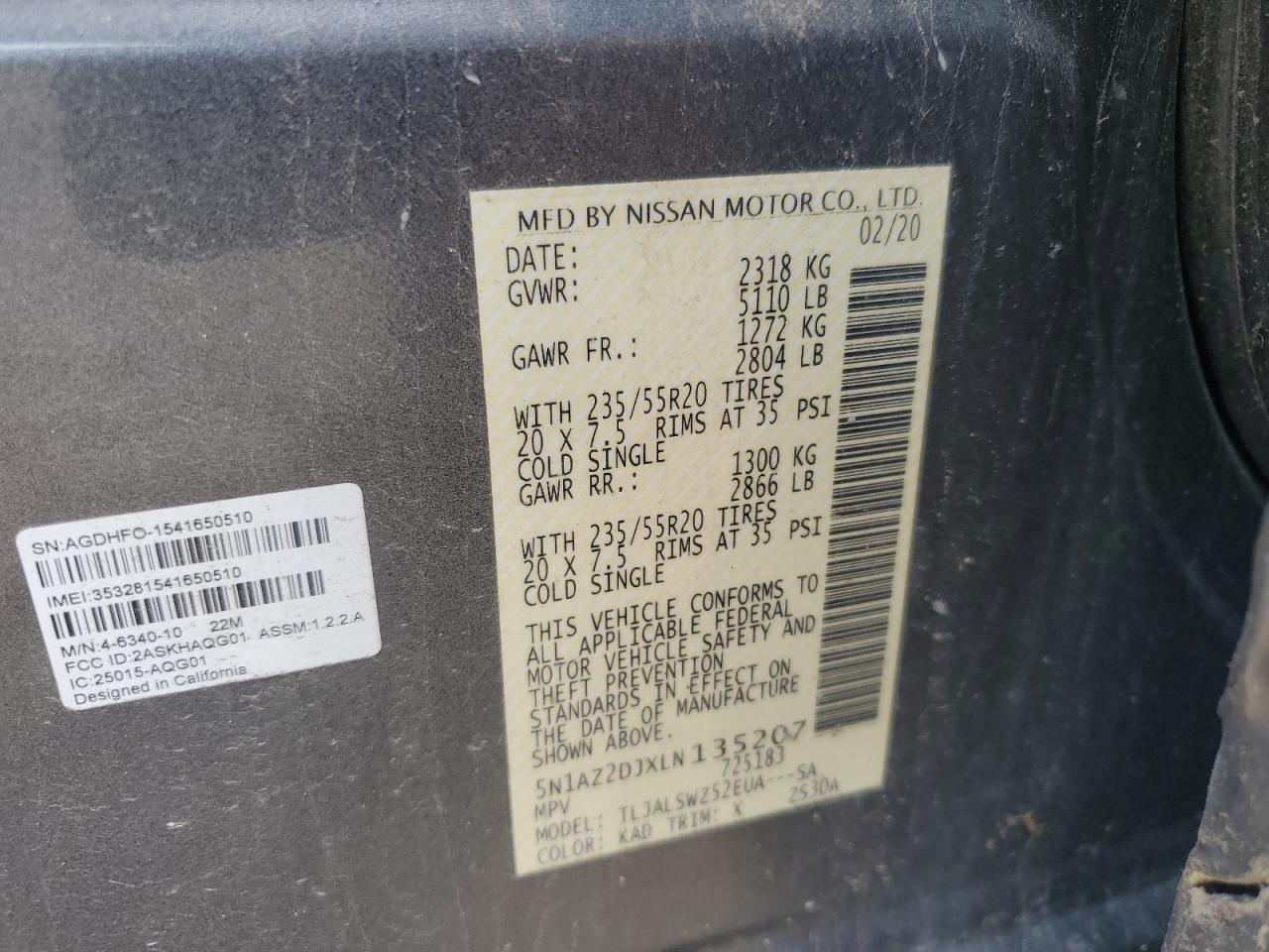 2020 Nissan Murano Platinum VIN: 5N1AZ2DJXLN135207 Lot: 63255345
