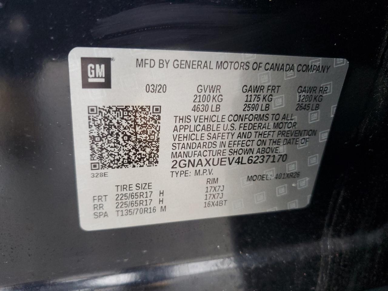 2020 Chevrolet Equinox Lt VIN: 2GNAXUEV4L6237170 Lot: 64307905