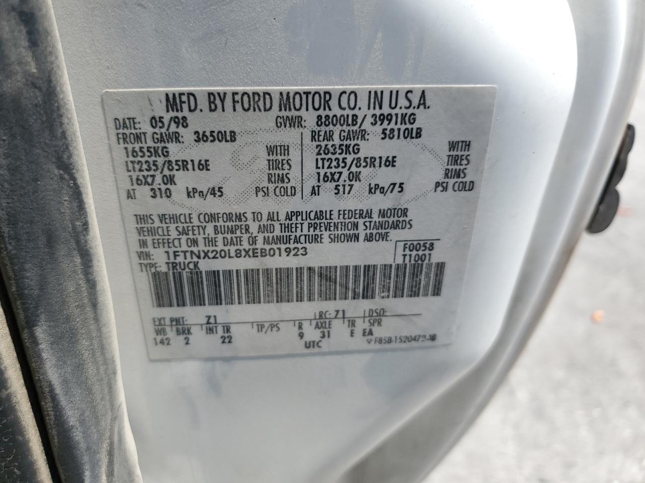 1999 Ford F250 Super Duty VIN: 1FTNX20L8XEB01923 Lot: 65404495