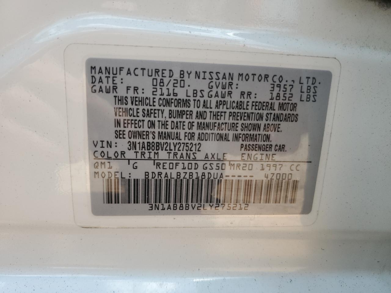 2020 Nissan Sentra S VIN: 3N1AB8BV2LY275212 Lot: 64624485