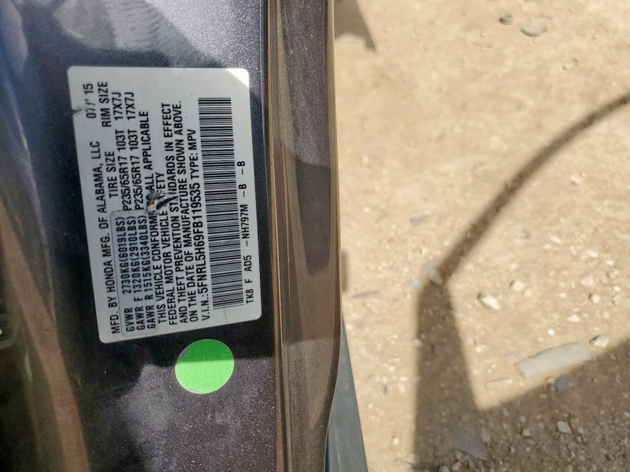 2015 Honda Odyssey Exl VIN: 5FNRL5H69FB119535 Lot: 64702135