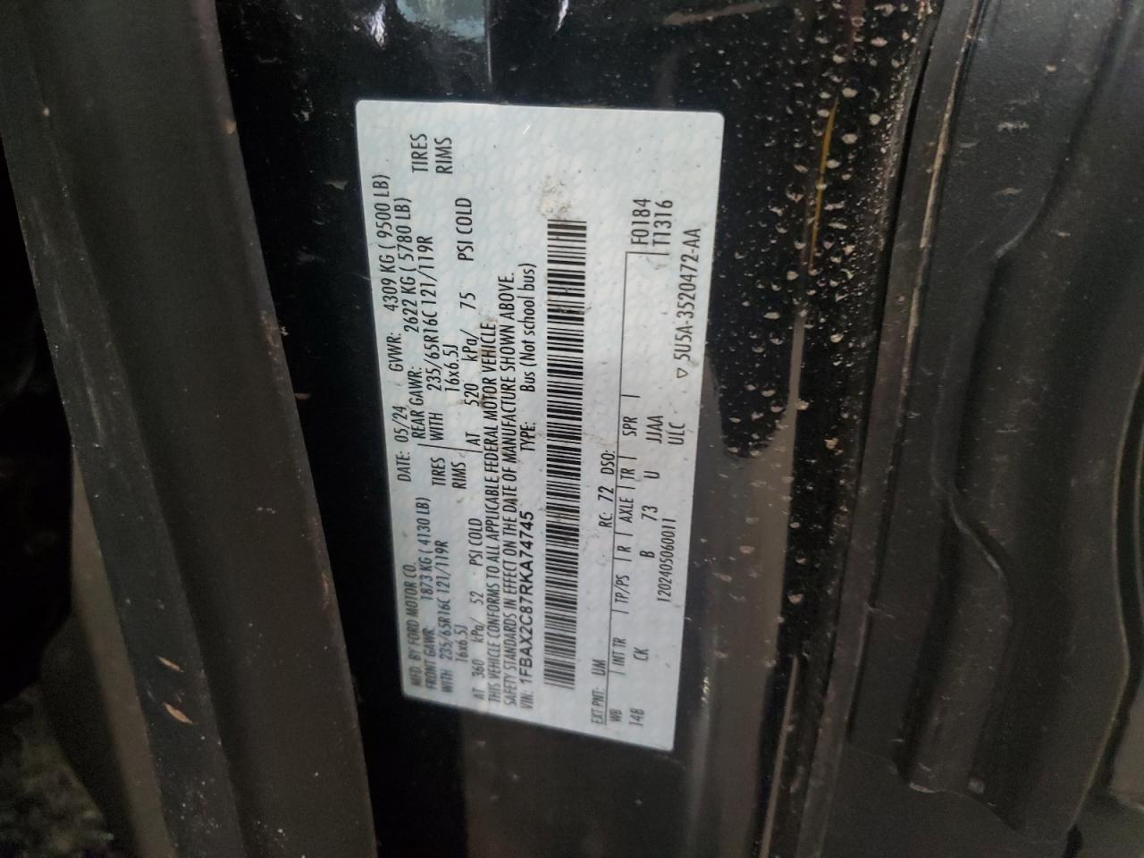 2024 Ford Transit T-350 VIN: 1FBAX2C87RKA74745 Lot: 64427305