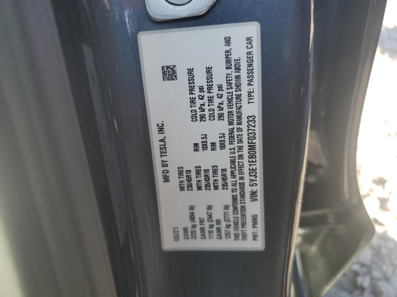 2021 Tesla Model 3 VIN: 5YJ3E1EB0MF037233 Lot: 62899935