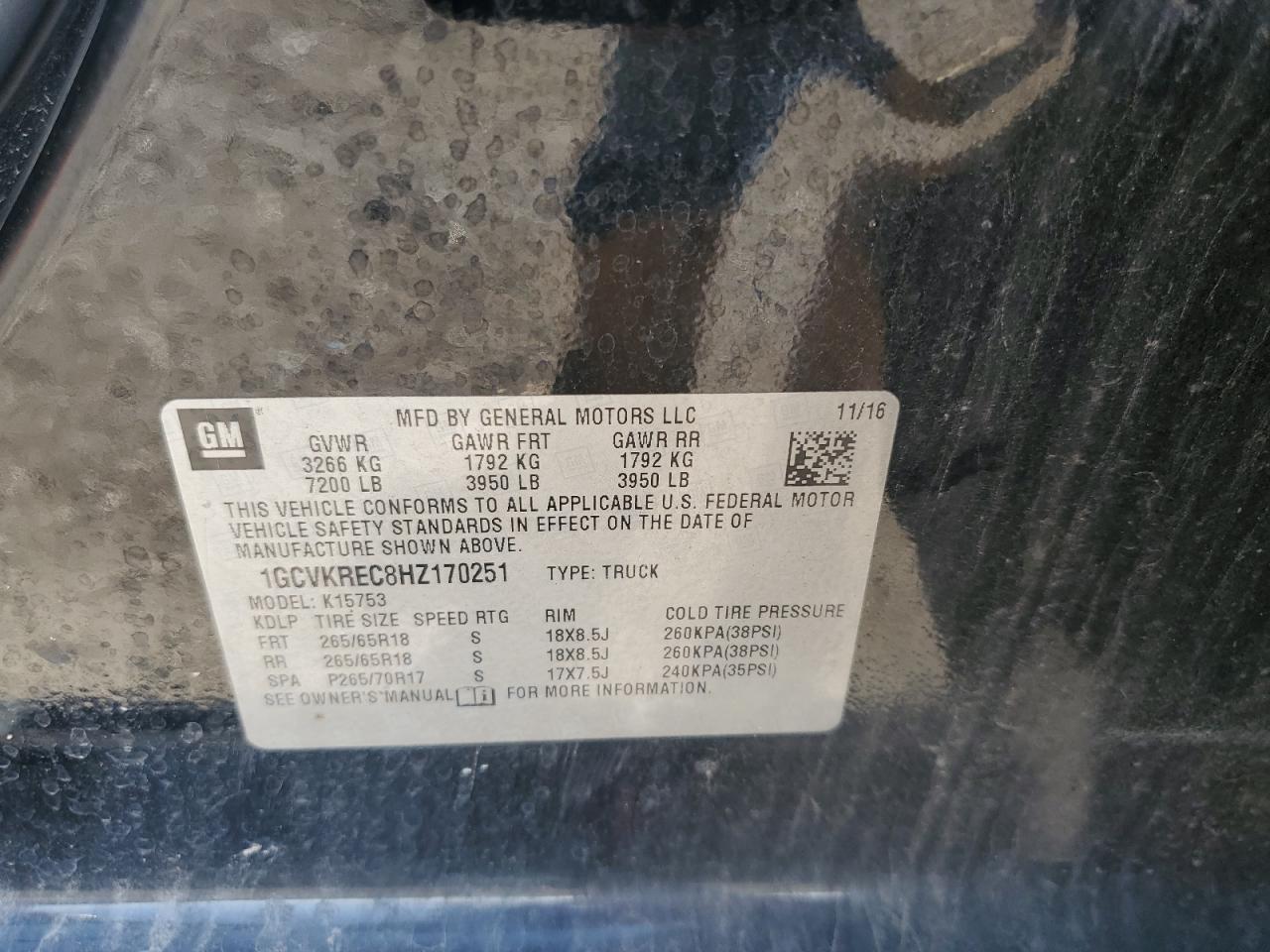 2017 Chevrolet Silverado K1500 Lt VIN: 1GCVKREC8HZ170251 Lot: 64798905