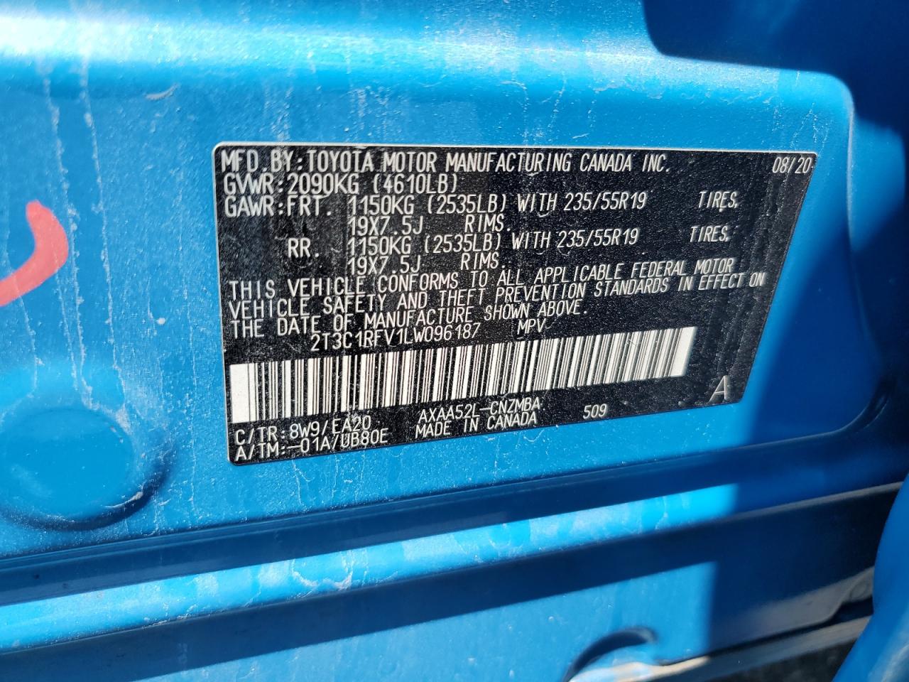 2020 Toyota Rav4 Xle Premium VIN: 2T3C1RFV1LW096187 Lot: 64620205