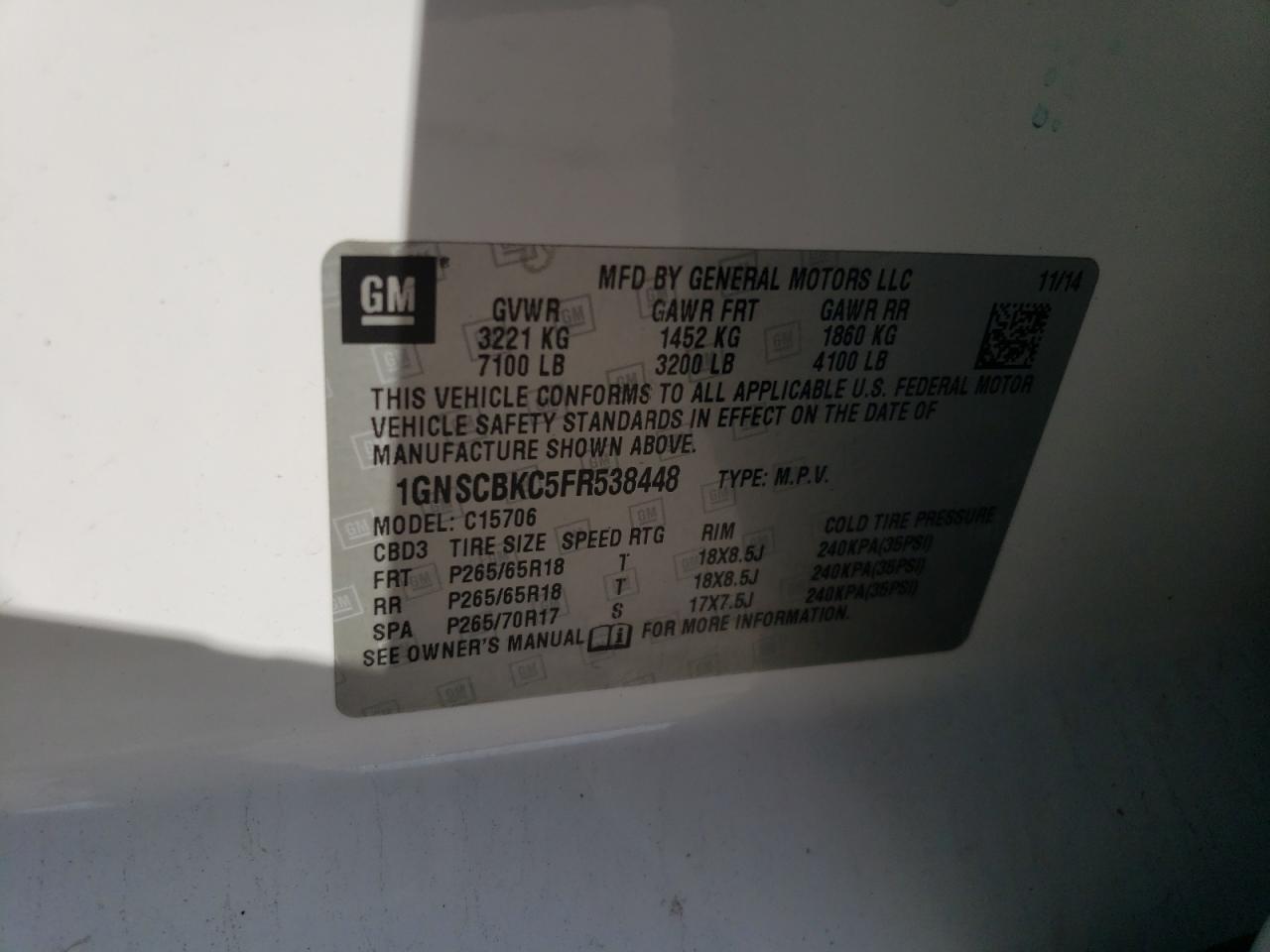 2015 Chevrolet Tahoe C1500 Lt VIN: 1GNSCBKC5FR538448 Lot: 65458405