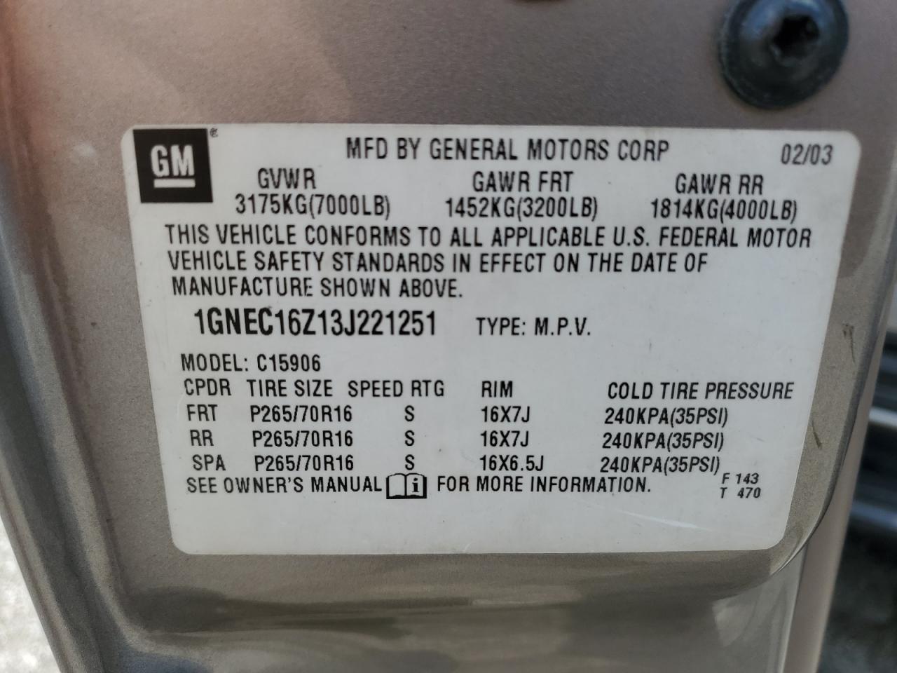2003 Chevrolet Suburban C1500 VIN: 1GNEC16Z13J221251 Lot: 64169045