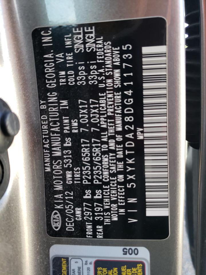 2013 Kia Sorento Lx VIN: 5XYKTDA28DG411735 Lot: 65037535