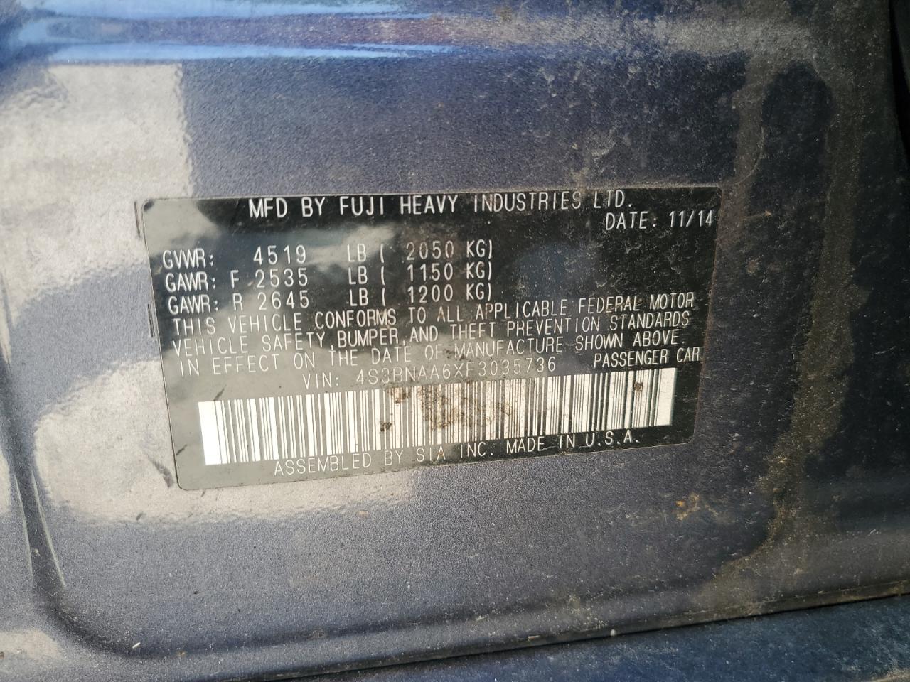 2015 Subaru Legacy 2.5I VIN: 4S3BNAA6XF3035736 Lot: 66848845