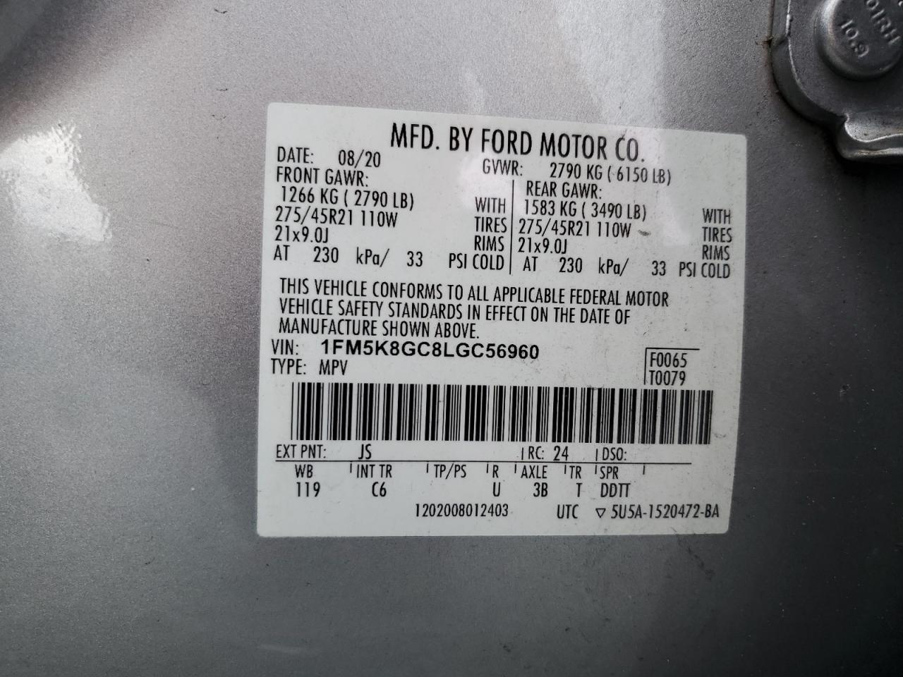 2020 Ford Explorer St VIN: 1FM5K8GC8LGC56960 Lot: 62392625