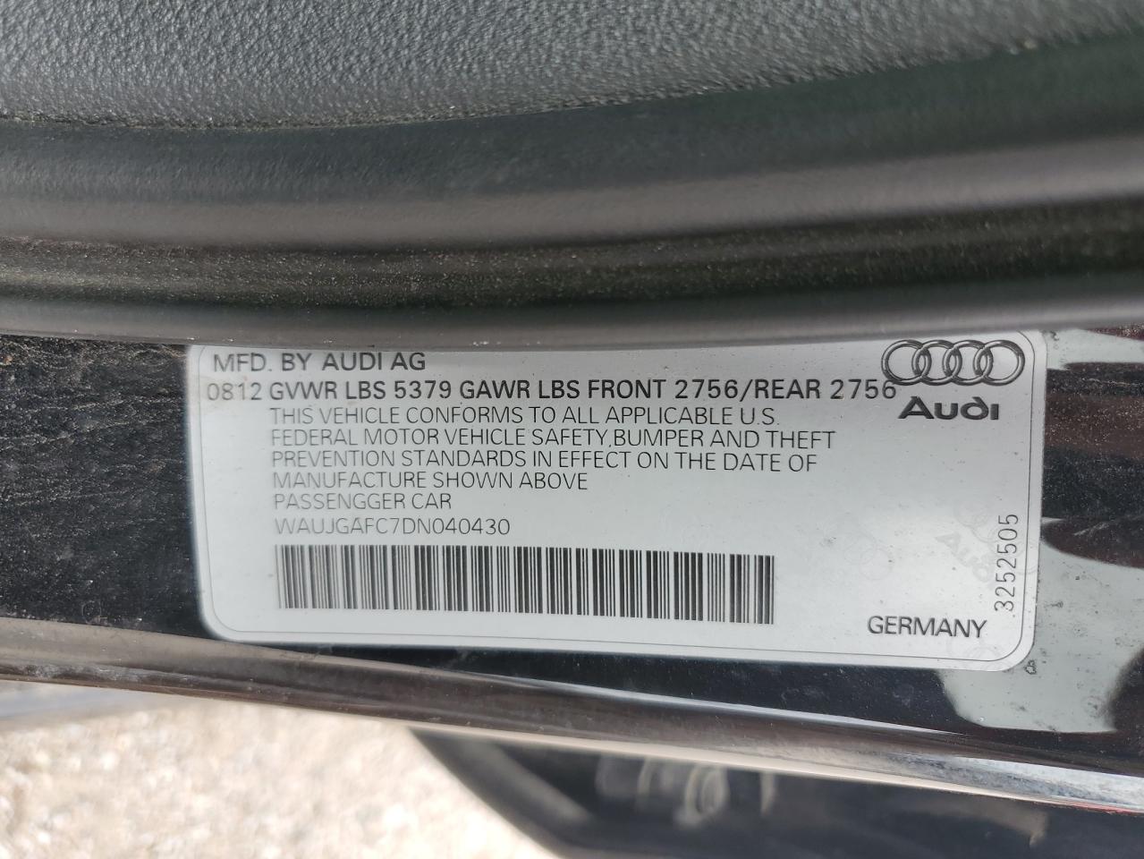 2013 Audi A6 Prestige VIN: WAUJGAFC7DN040430 Lot: 65366125