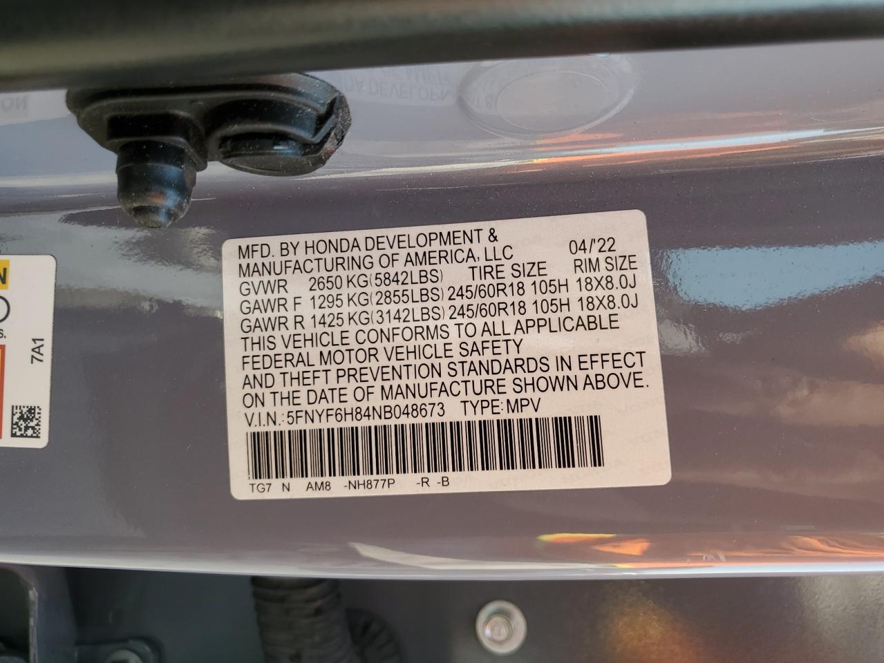 2022 Honda Pilot Trailsport VIN: 5FNYF6H84NB048673 Lot: 64606855