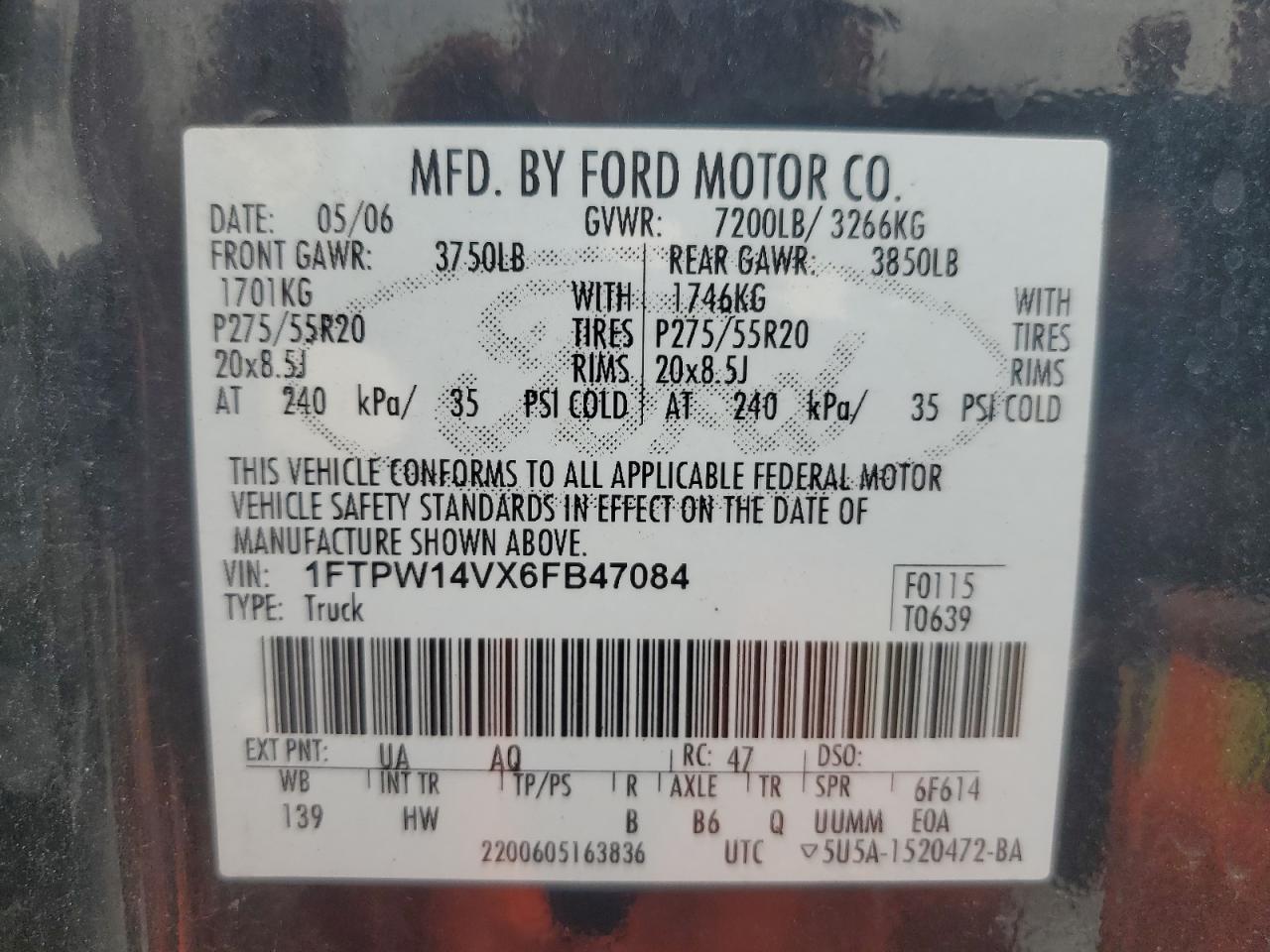 2006 Ford F150 Supercrew VIN: 1FTPW14VX6FB47084 Lot: 65184045