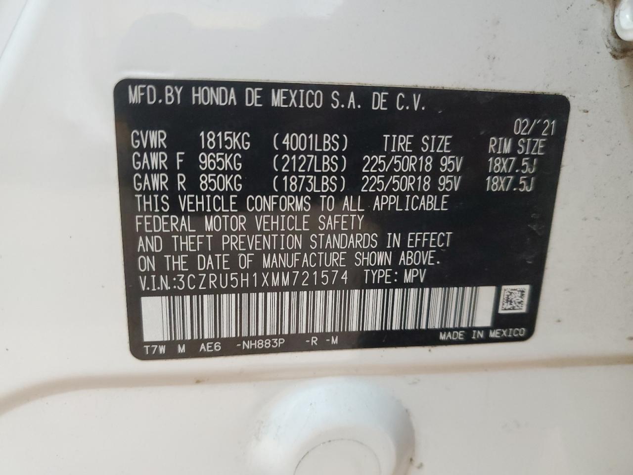2021 Honda Hr-V Sport VIN: 3CZRU5H1XMM721574 Lot: 63858635