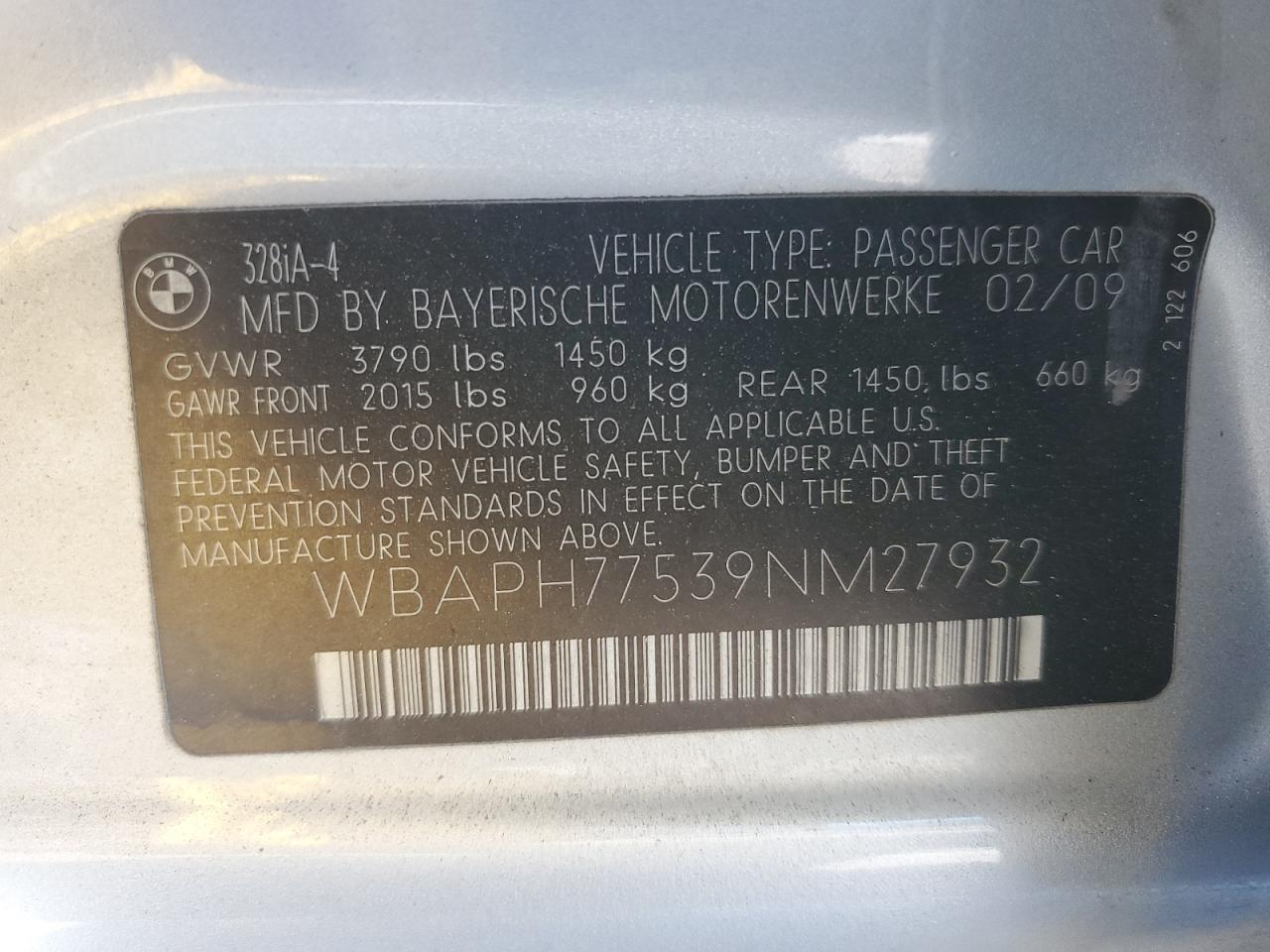 wbaph77539nm27932 WBAPH77539NM27932 2009 BMW 328 I