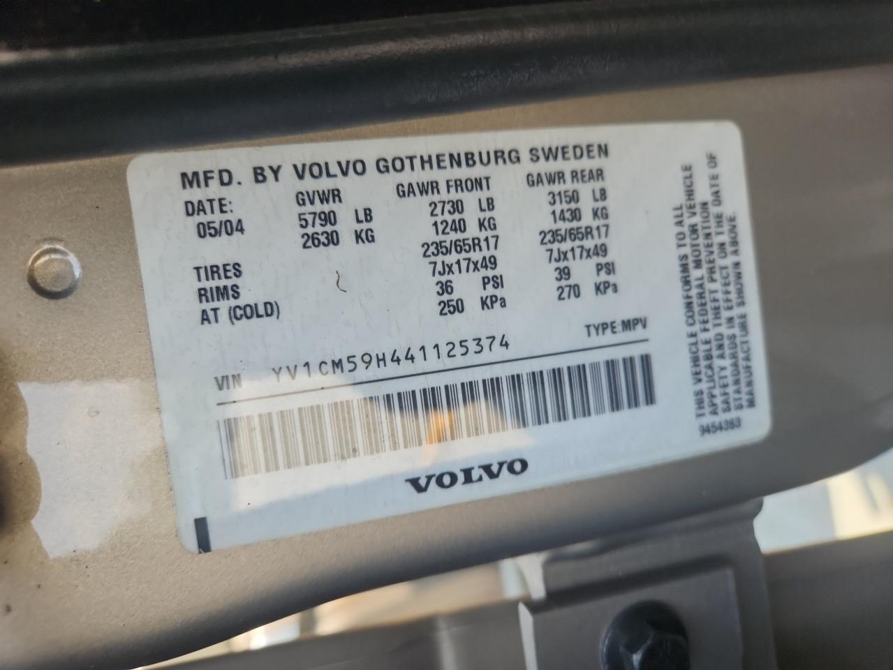 2004 Volvo Xc90 VIN: YV1CM59H441125374 Lot: 63768785