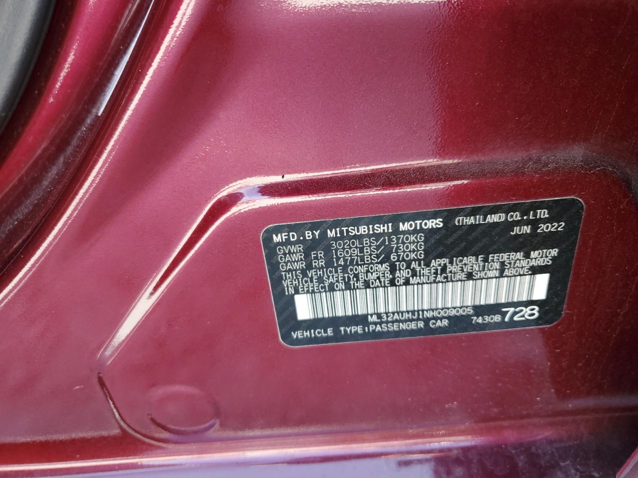 2022 Mitsubishi Mirage Es VIN: ML32AUHJ1NH009005 Lot: 65408635