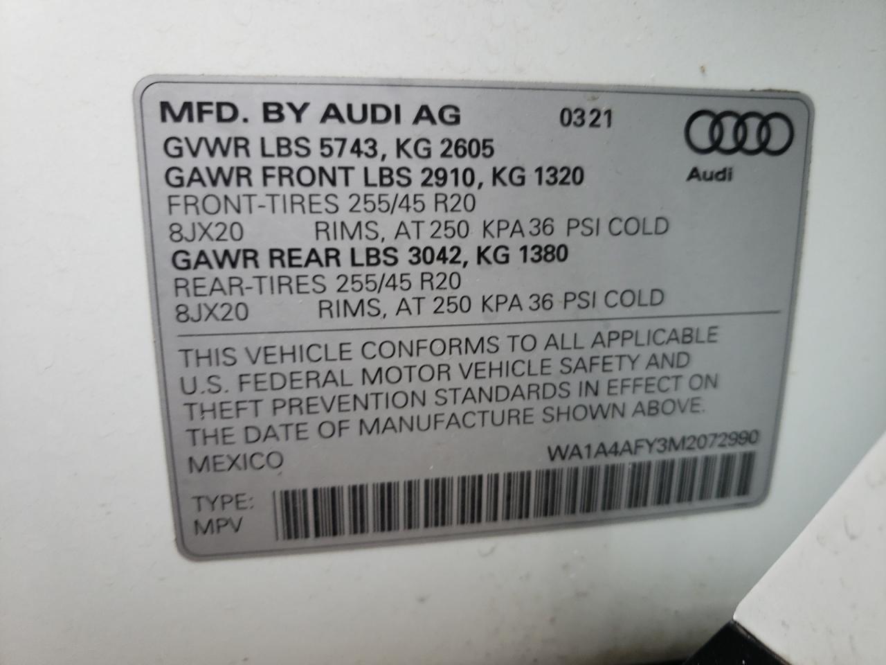 2021 Audi Sq5 Premium VIN: WA1A4AFY3M2072990 Lot: 62711515