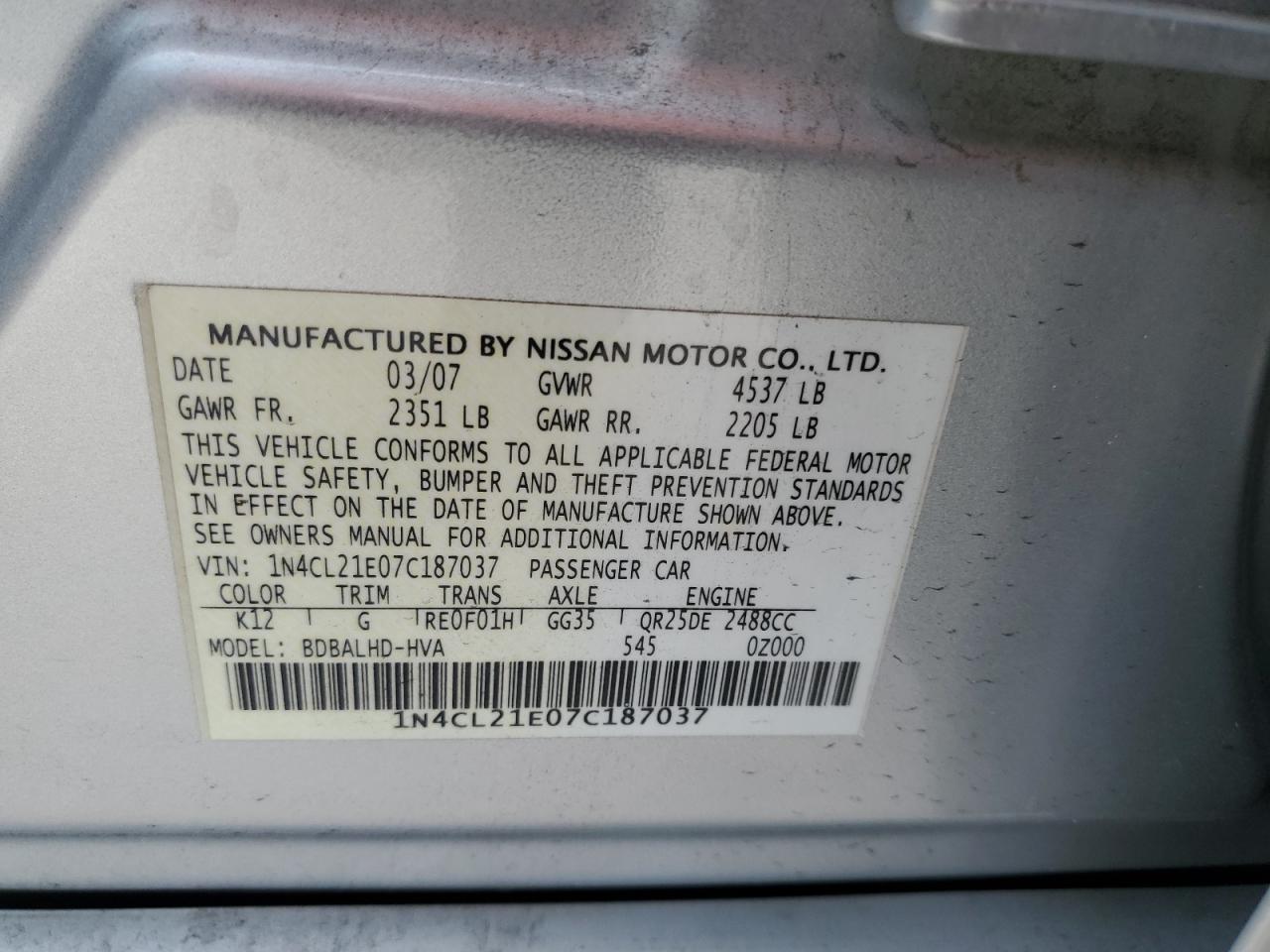 2007 Nissan Altima Hybrid VIN: 1N4CL21E07C187037 Lot: 64075315