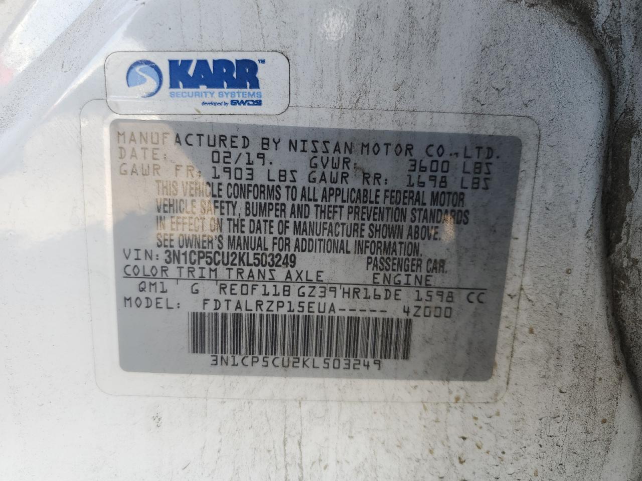 2019 Nissan Kicks S VIN: 3N1CP5CU2KL503249 Lot: 63449065