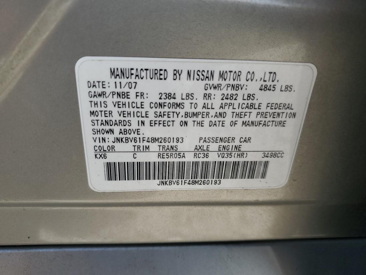 2008 Infiniti G35 VIN: JNKBV61F48M260193 Lot: 63383235