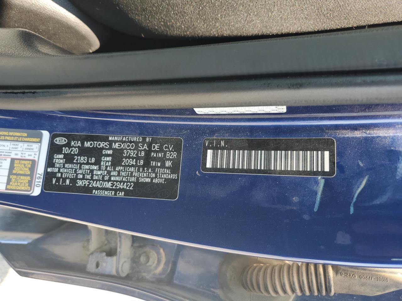 2021 Kia Forte Fe VIN: 3KPF24ADXME294422 Lot: 65002315