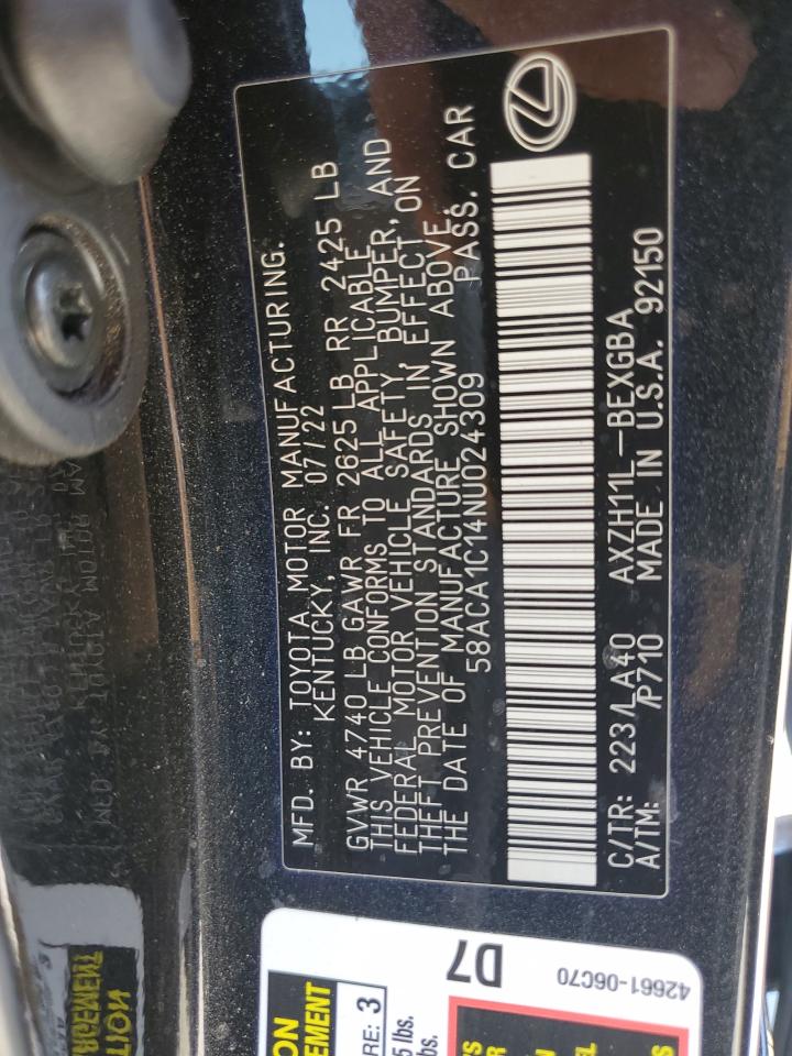 2022 Lexus Es 300H Base VIN: 58ACA1C14NU024309 Lot: 63630575