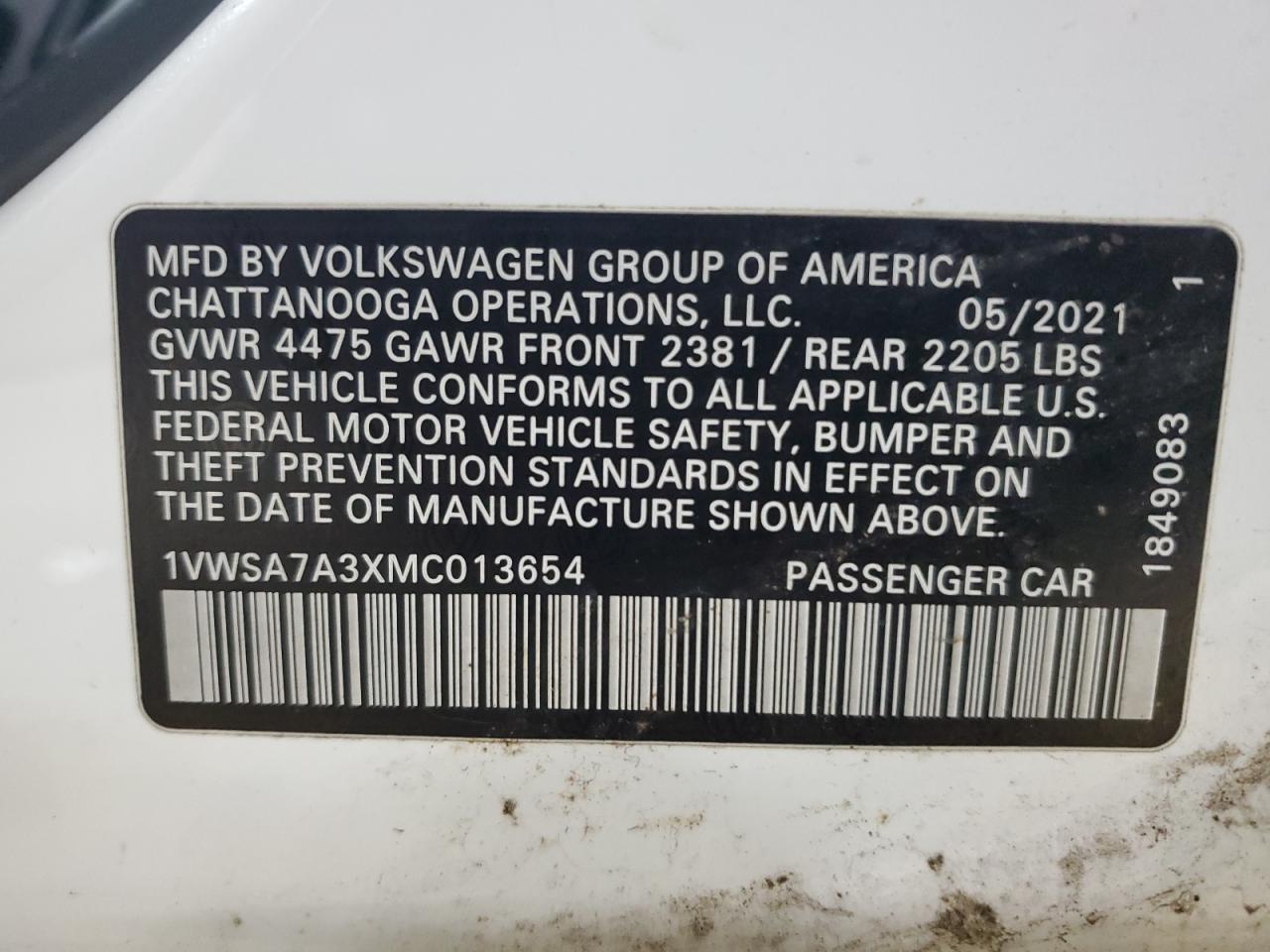 2021 Volkswagen Passat Se VIN: 1VWSA7A3XMC013654 Lot: 62854325