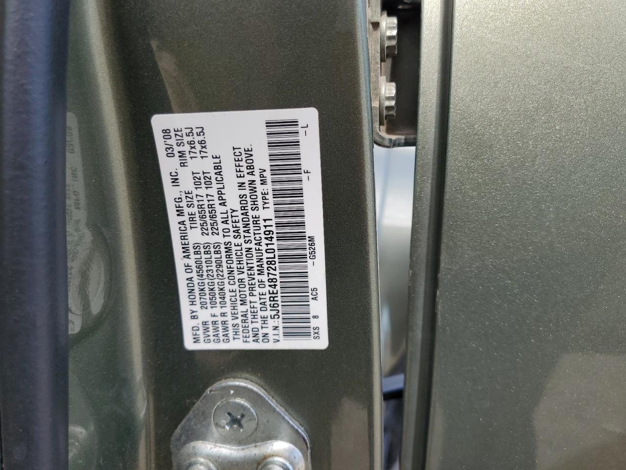 2008 Honda Cr-V Exl VIN: 5J6RE48728L014911 Lot: 65312945