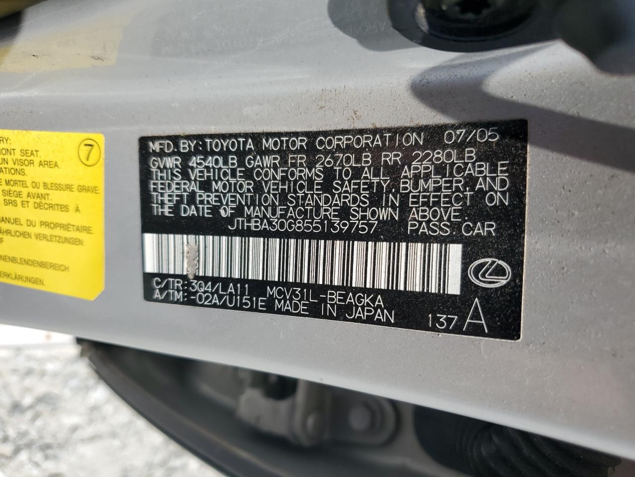 2005 Lexus Es 330 VIN: JTHBA30G855139757 Lot: 63443195