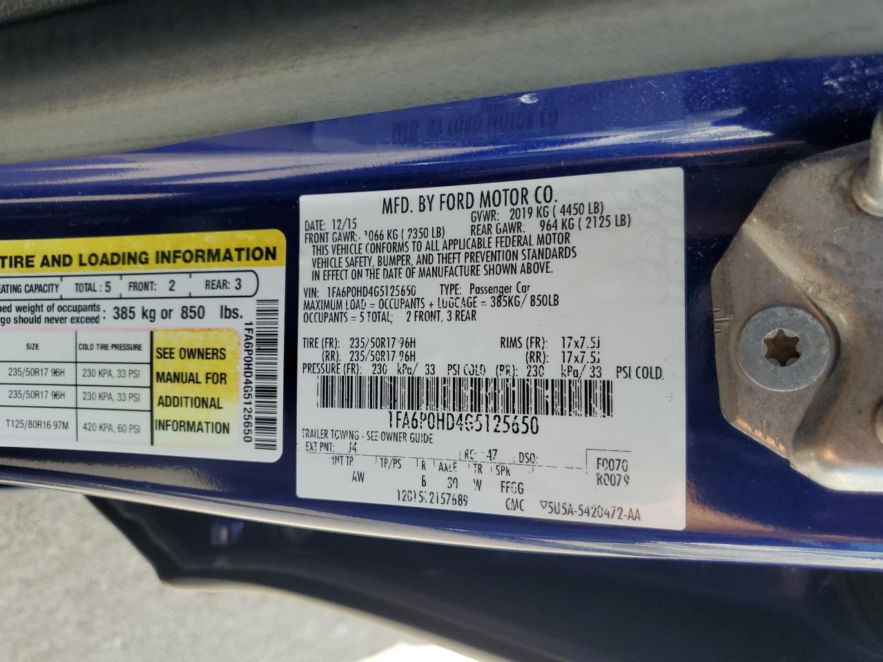 2016 Ford Fusion Se VIN: 1FA6P0HD4G5125650 Lot: 62068975