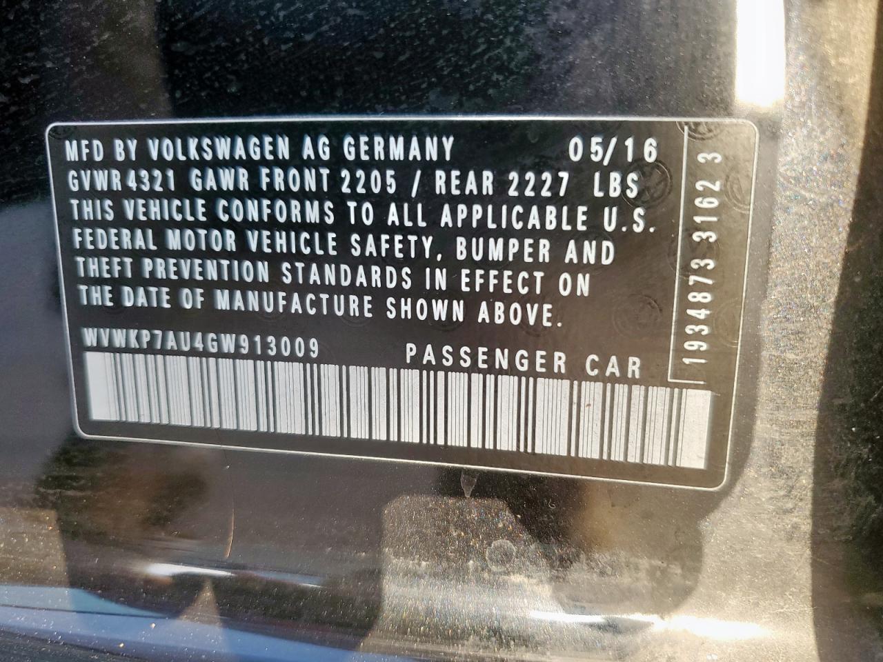 2016 Volkswagen E-Golf Se VIN: WVWKP7AU4GW913009 Lot: 64078675