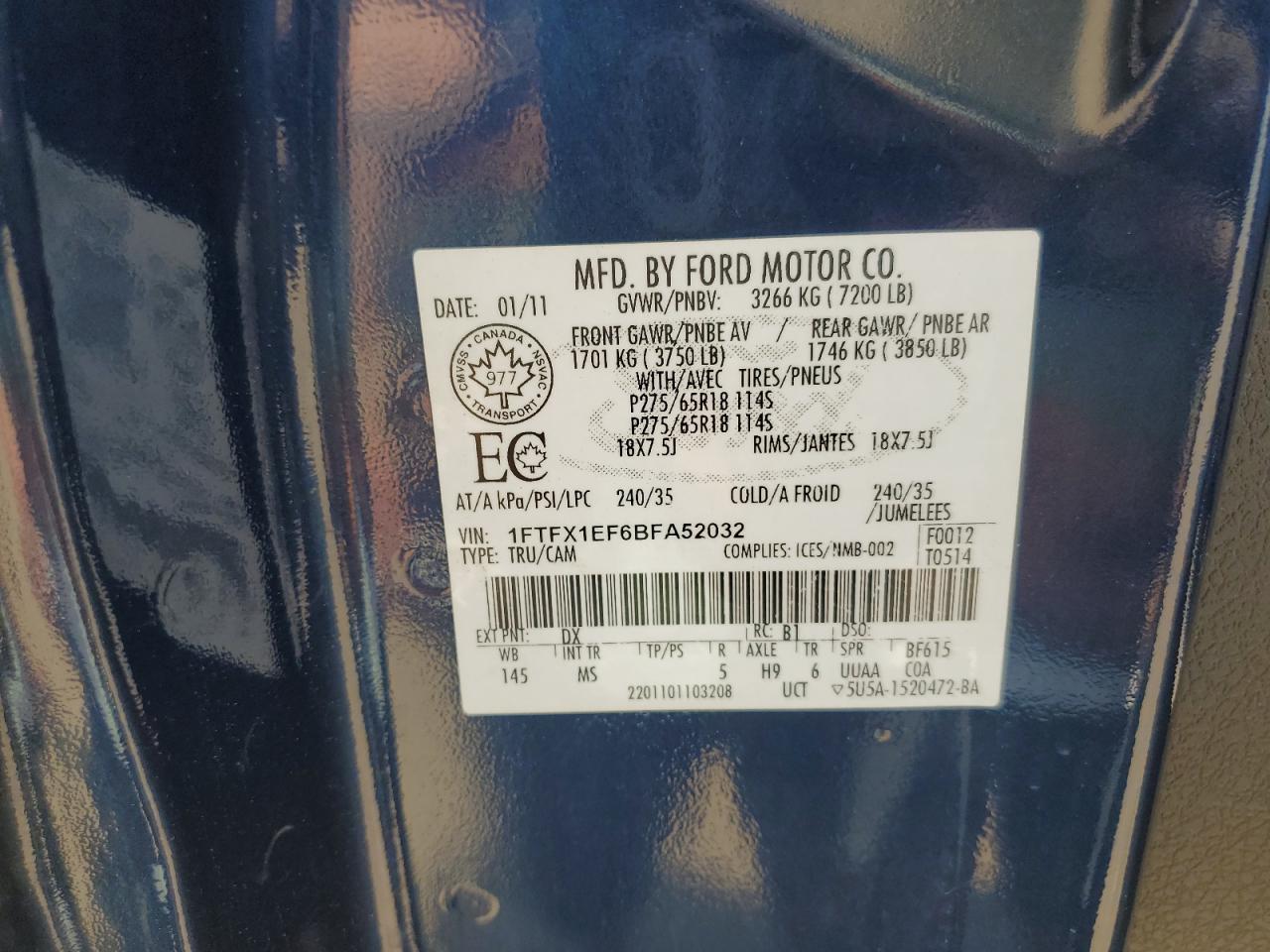 2011 Ford F150 Super Cab VIN: 1FTFX1EF6BFA52032 Lot: 65377615