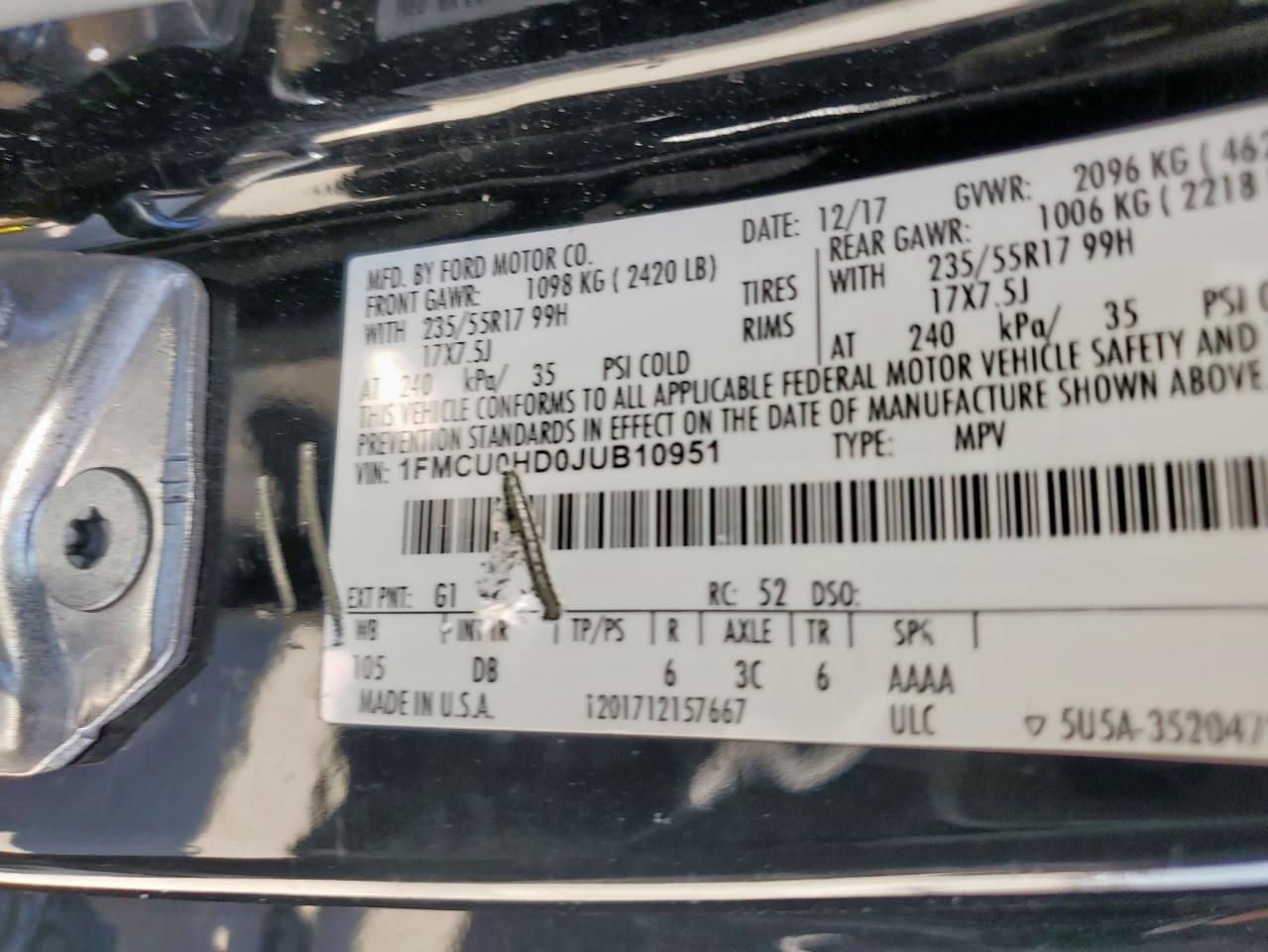 2018 Ford Escape Sel VIN: 1FMCU0HD0JUB10951 Lot: 65078215