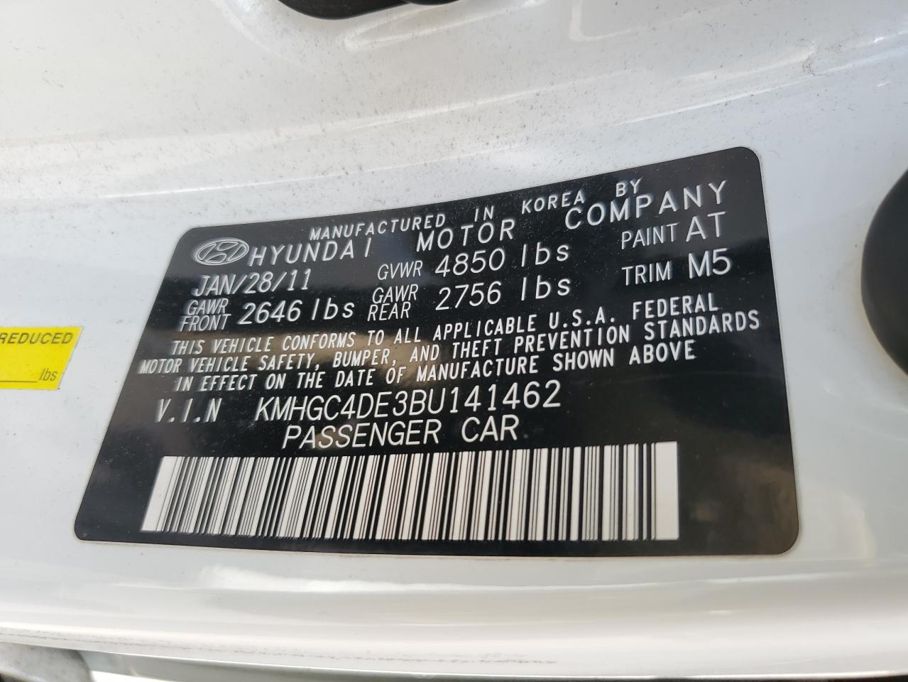 2011 Hyundai Genesis 3.8L VIN: KMHGC4DE3BU141462 Lot: 65582025