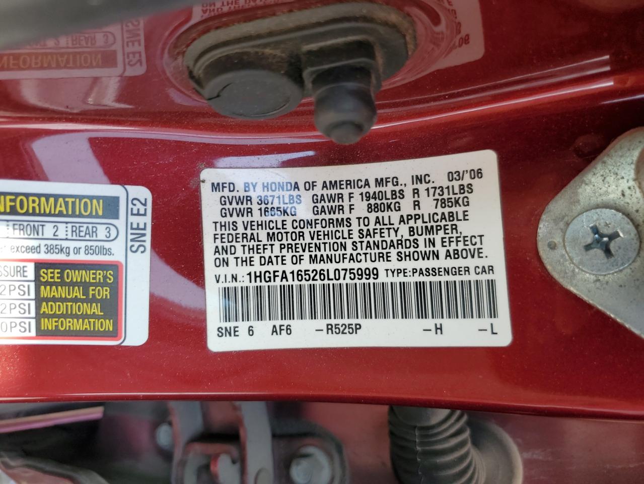 2006 Honda Civic Lx VIN: 1HGFA16526L075999 Lot: 64848065