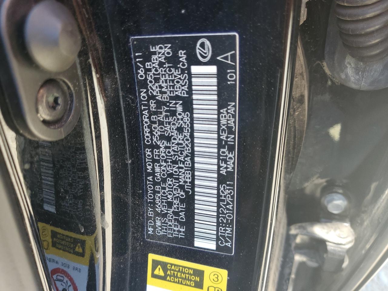 2011 Lexus Hs 250H VIN: JTHBB1BA7B2045585 Lot: 63272855