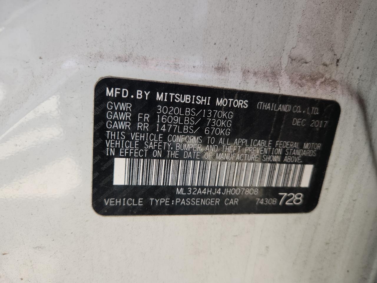 2018 Mitsubishi Mirage Se VIN: ML32A4HJ4JH007808 Lot: 64560375