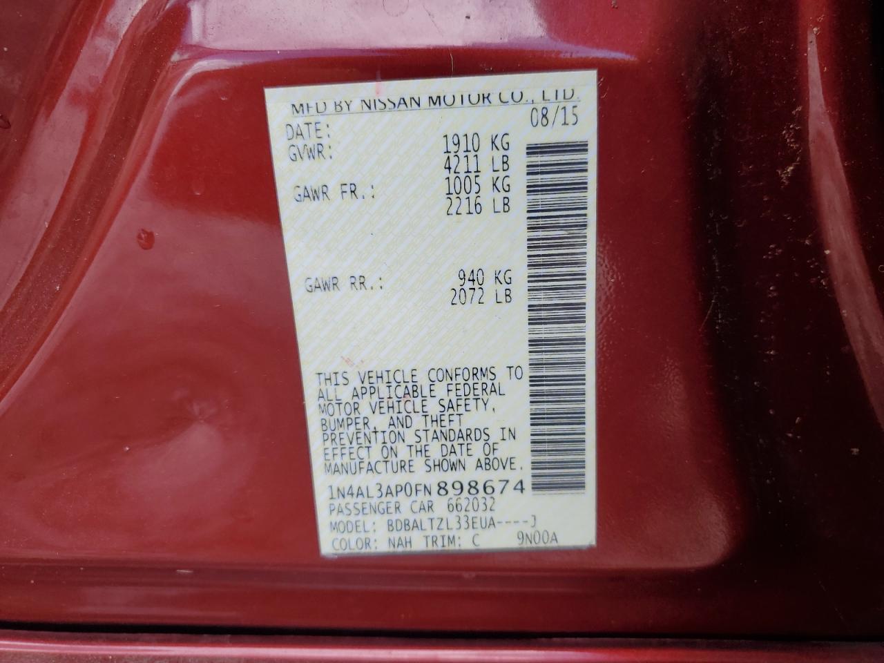 2015 Nissan Altima 2.5 VIN: 1N4AL3AP0FN898674 Lot: 66225795