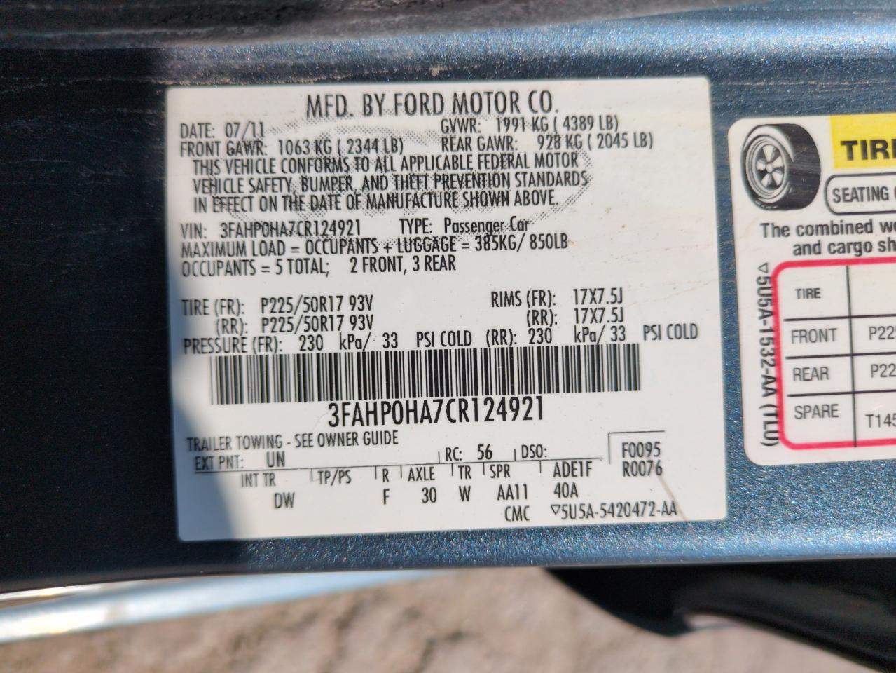 2012 Ford Fusion Se VIN: 3FAHP0HA7CR124921 Lot: 63441855