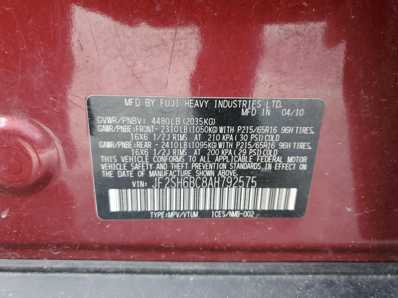 2010 Subaru Forester Xs VIN: JF2SH6BC8AH792575 Lot: 61881595