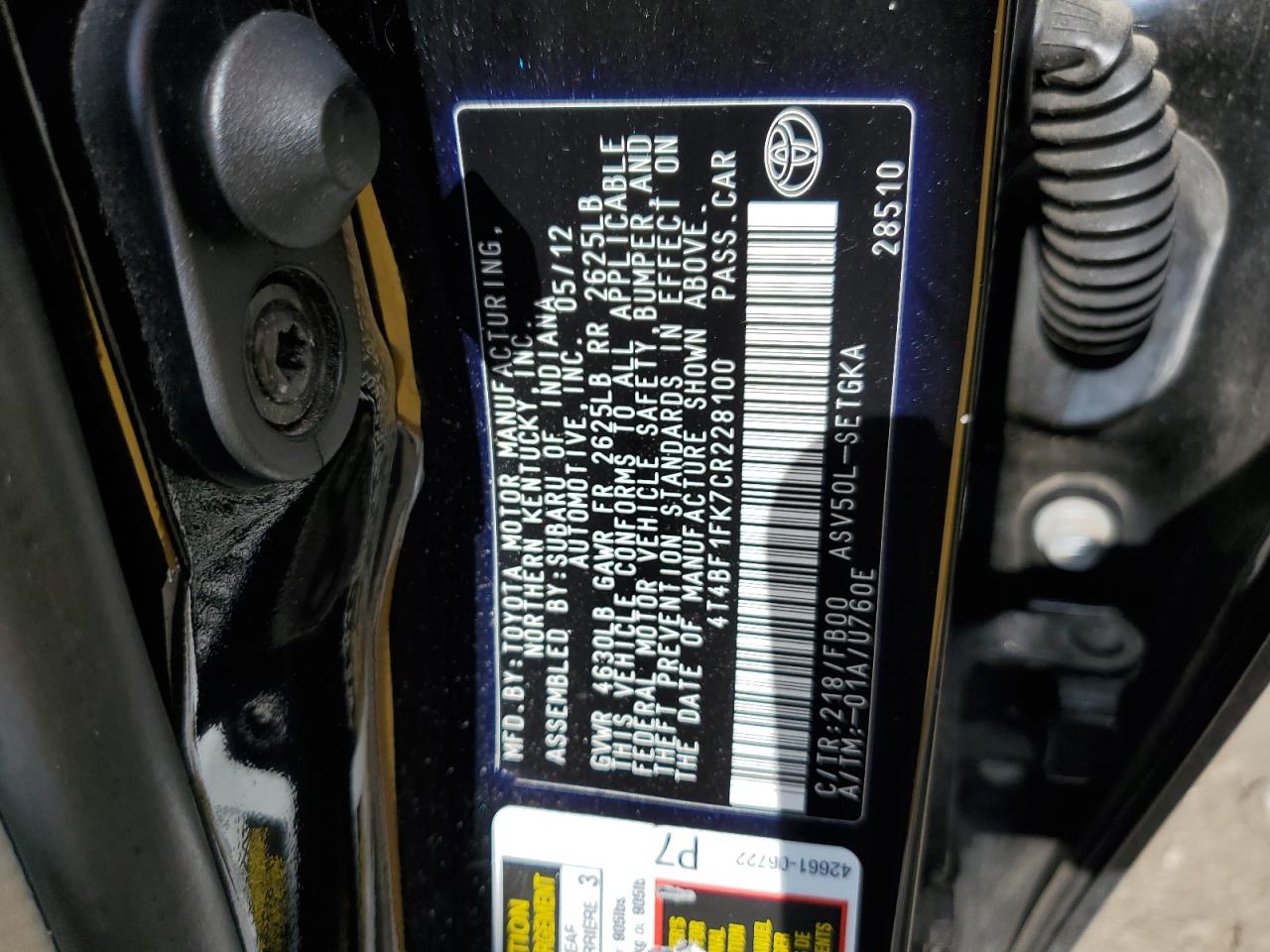 2012 Toyota Camry Base VIN: 4T4BF1FK7CR228100 Lot: 63785785