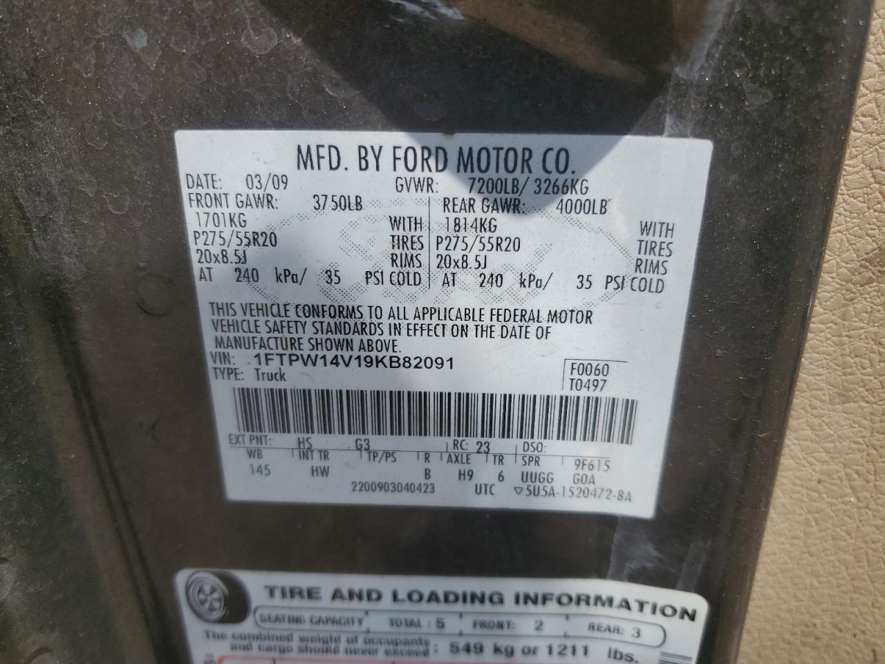 2009 Ford F150 Supercrew VIN: 1FTPW14V19KB82091 Lot: 63562645