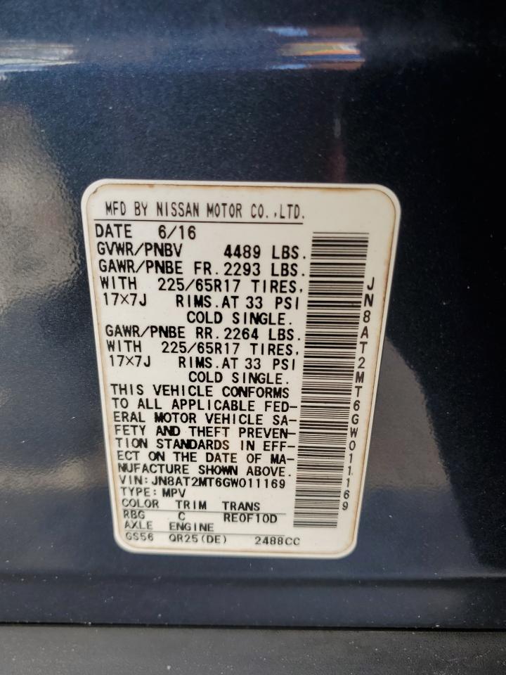 2016 Nissan Rogue S VIN: JN8AT2MT6GW011169 Lot: 65118715